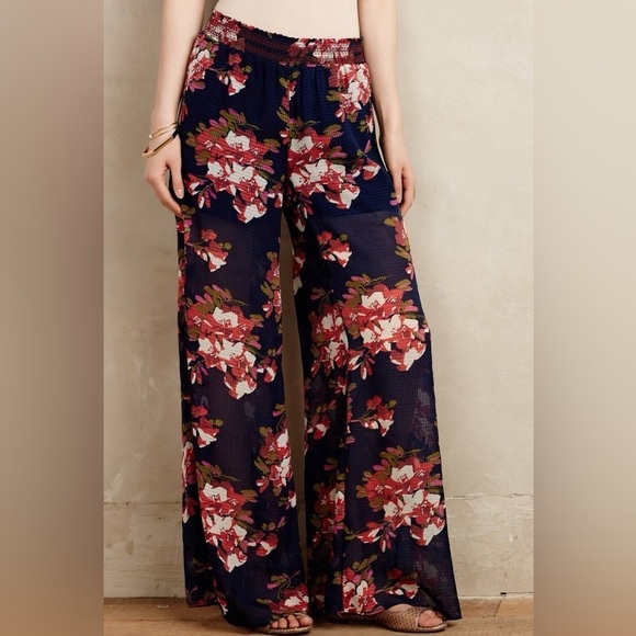 Anthropologie Elevenses | Navy Fire Lily Sheer Wide Leg Pull On Pants, Medium - Picture 2 of 11